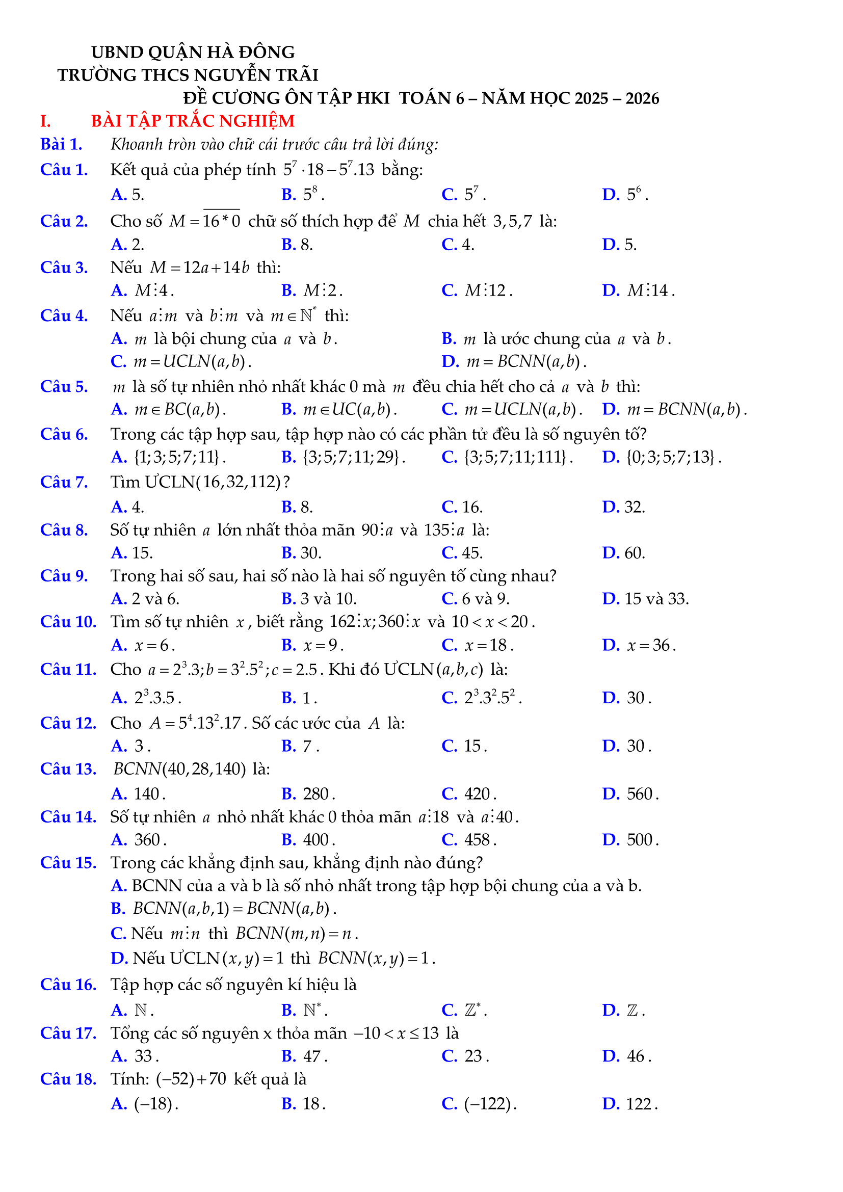 Đề Cương Ôn Tập Học Kỳ I Toán 6 – Trường THCS Nguyễn Trãi (Năm học 2025–2026) - Tài liệu Đề thi